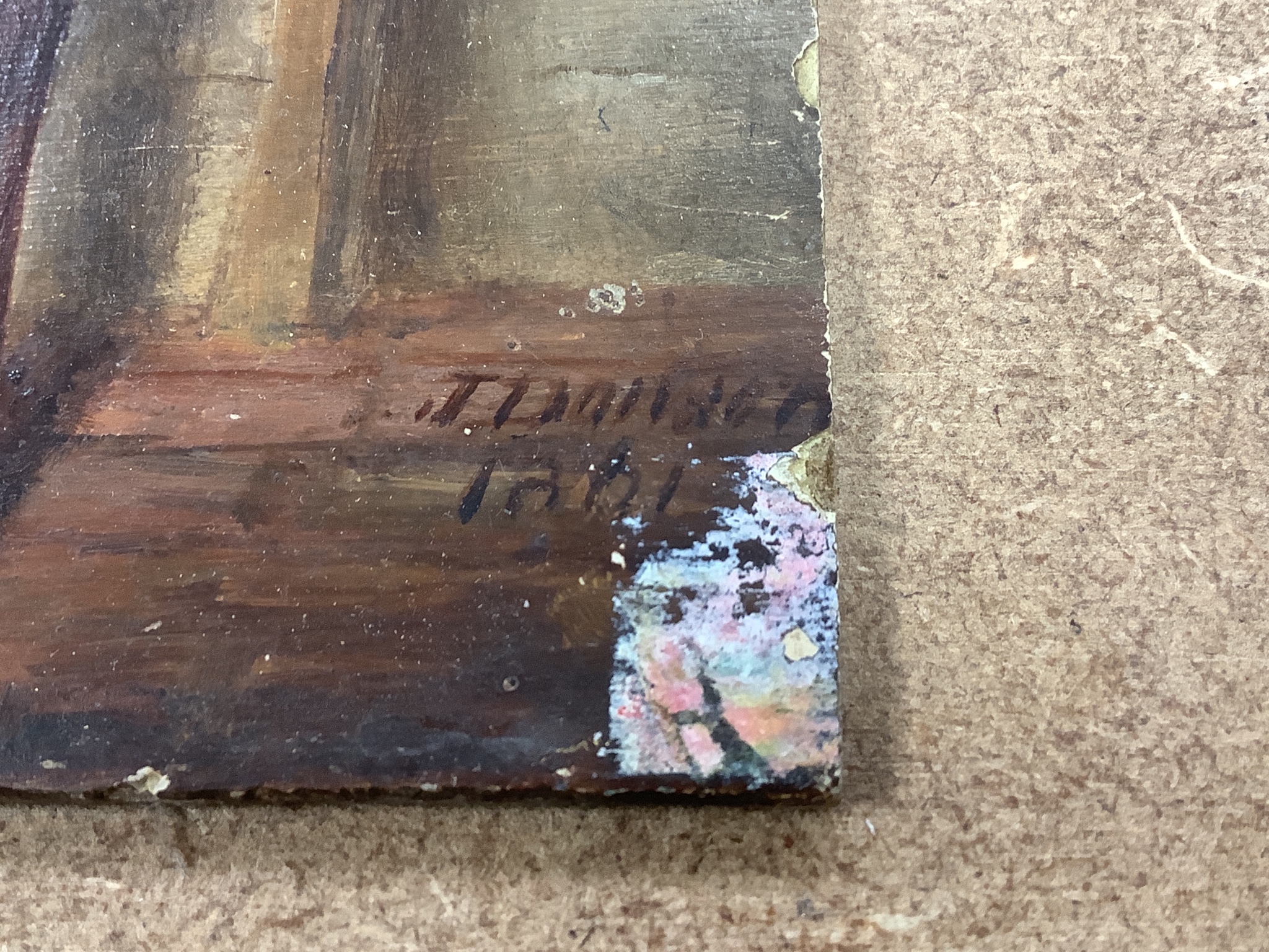 J. Danson (19thC), oil on board, Study of a horse in a stable, signed and dated 1881, 18 x 22cm